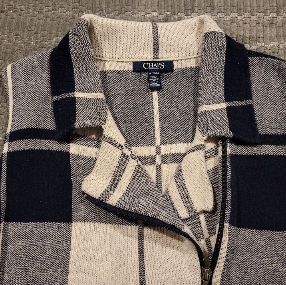 Chaps Women's Navy-White Plaid Asymmetrical Zip Front Vest Size XL